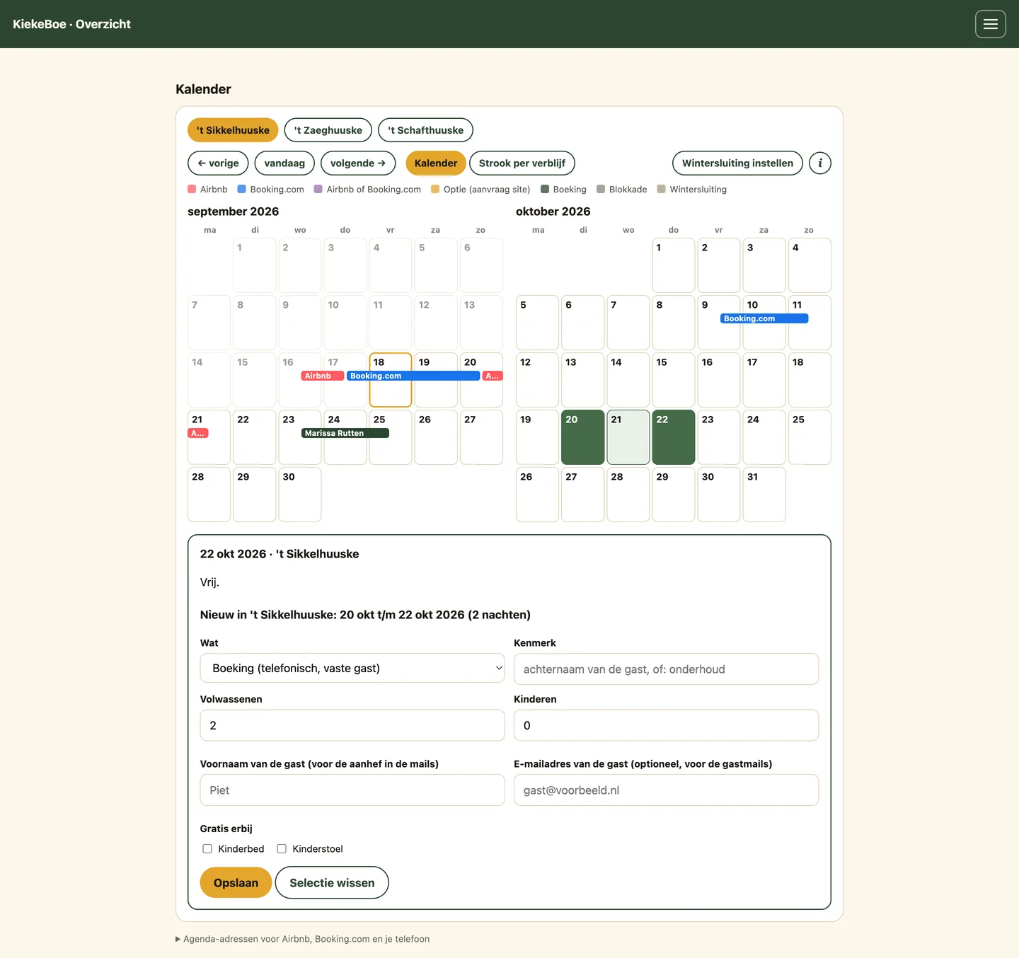 Beheer van Camping KiekeBoe, kalender per huisje